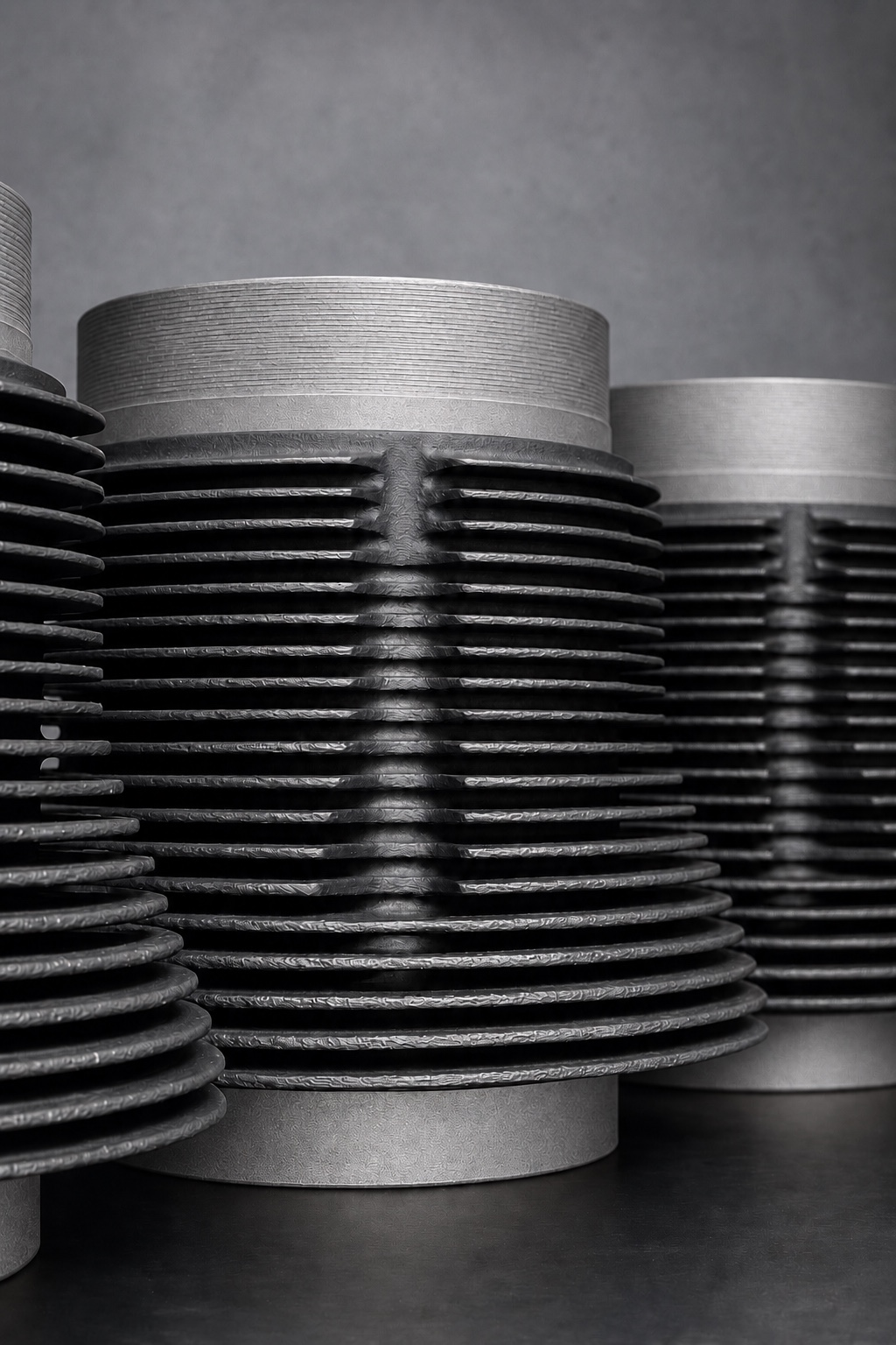 Close-up of black Cerakote V Series cooling fins and exposed metal cylinder ends