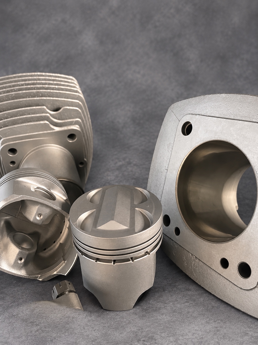 Close-up of clean pistons and finned cylinders showing crown contours, ring grooves and a cylinder bore