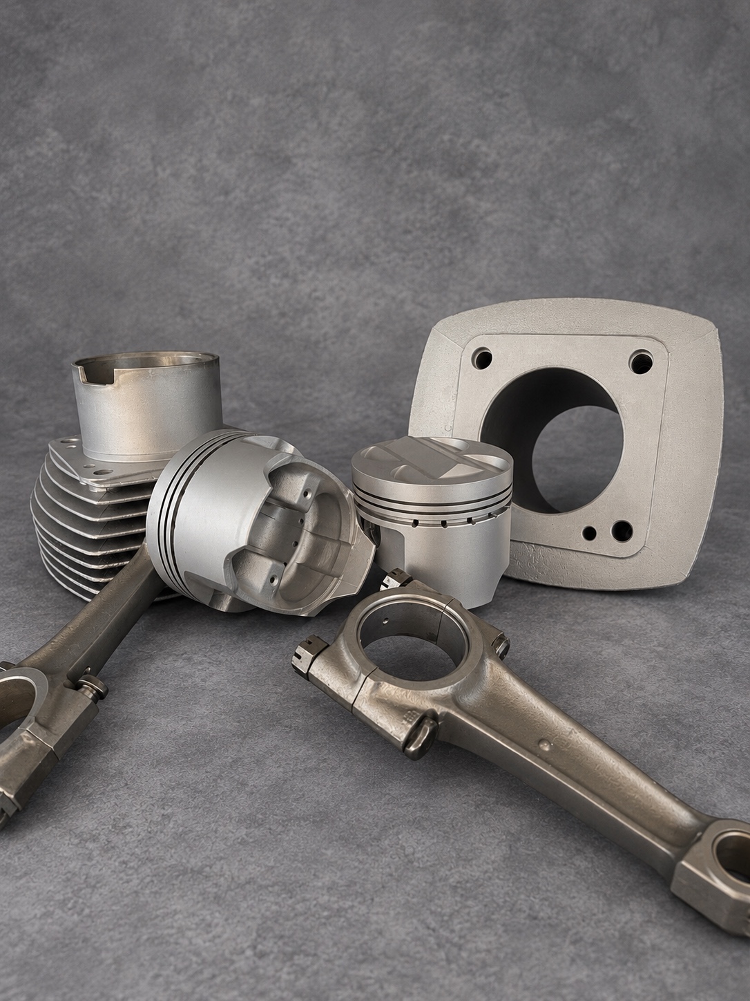 Vapour-blasted cylinders and pistons arranged with connecting rods on a textured grey background
