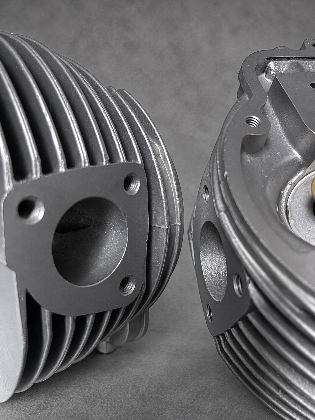 Close-up of vapour-blasted Moto Guzzi cylinder head ports and cooling fins